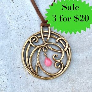 Vintage brass necklace Art Deco gold pendant suede cord unique tree of life ring